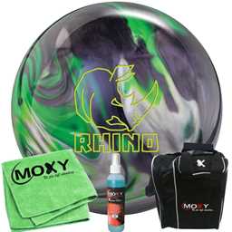 Brunswick Rhino Carbon/Lime/Silver Pearl Bowling Ball  | Moxy Strike Black Bowling Bag | Moxy Green Micro Fiber Towel | Moxy Xtreme Power Cleaner Package