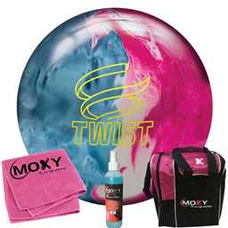 Brunswick Twist Sky Blue/Pink Snow Bowling Ball  | Moxy Strike Pink Bowling Bag | Moxy Pink Micro Fiber Towel | Moxy Xtreme Power Cleaner Package