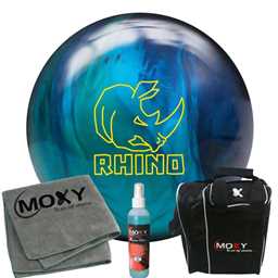 Brunswick Rhino Cobalt/Aqua/Teal Pearl Bowling Ball  | Moxy Strike Black Bowling Bag | Moxy Grey Micro Fiber Towel | Moxy Xtreme Power Cleaner Package