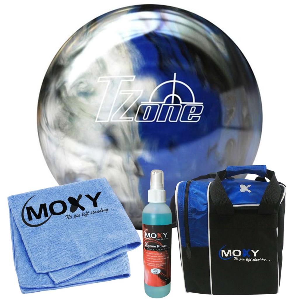 Brunswick T-Zone Indigo Swirl Bowling Ball  | Moxy Strike Royal Bowling Bag | Moxy Blue Micro Fiber Towel | Moxy Xtreme Power Cleaner Package