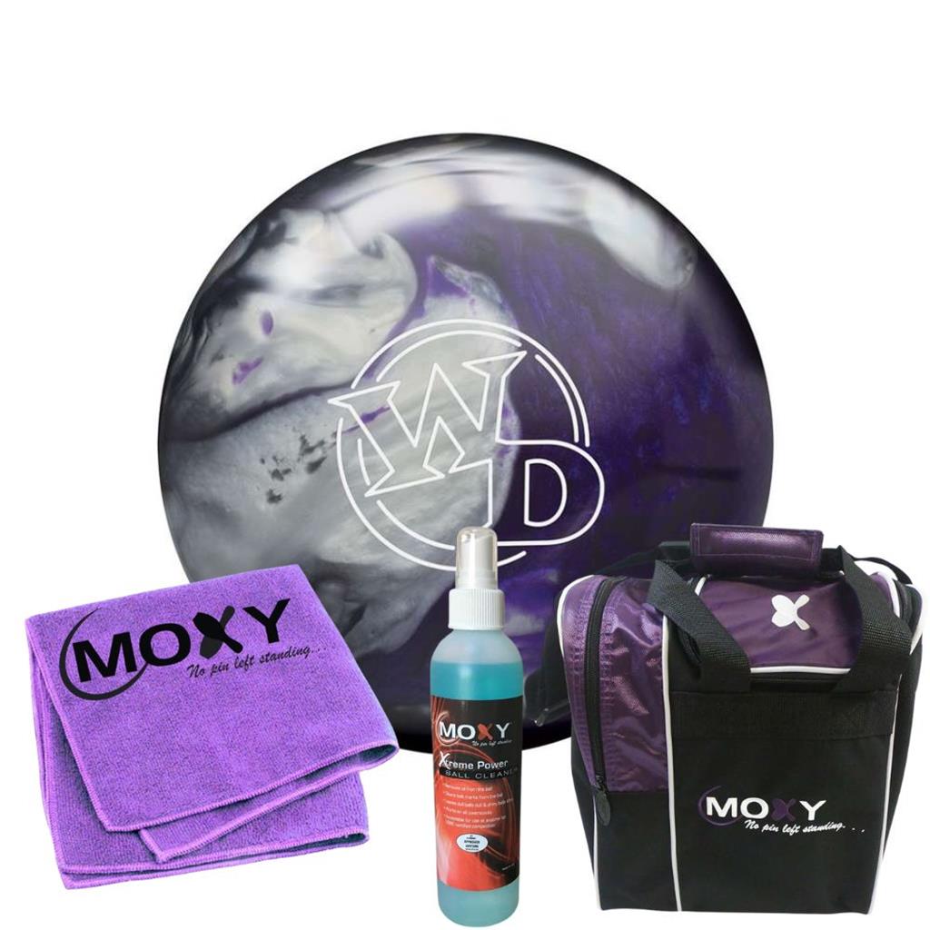 Columbia 300 White Dot Black/Purple/Silver Bowling Ball  | Moxy Strike Purple Bowling Bag | Moxy Purple Micro Fiber Towel | Moxy Xtreme Power Cleaner Package 