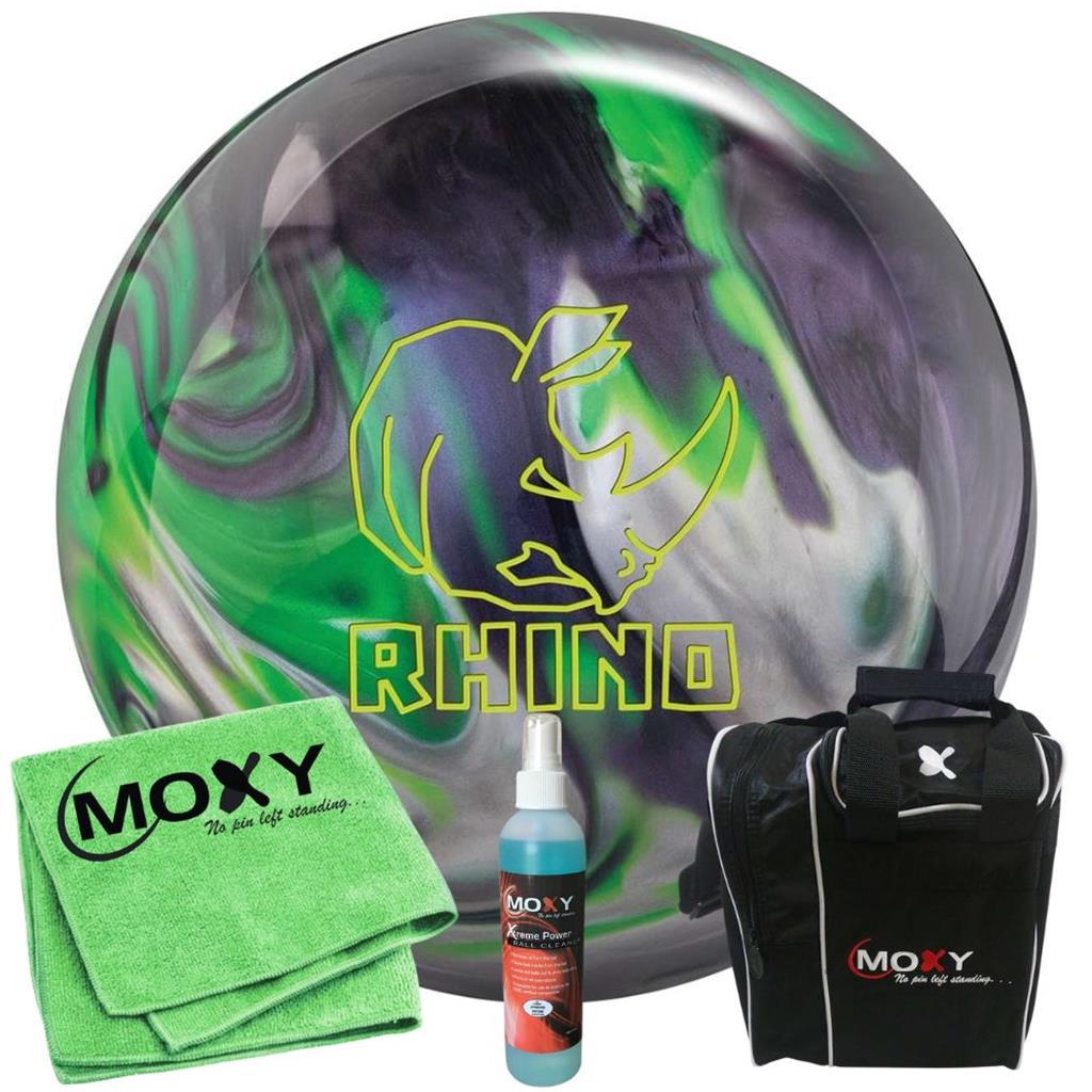 Brunswick Rhino Carbon/Lime/Silver Pearl Bowling Ball  | Moxy Strike Black Bowling Bag | Moxy Grey Micro Fiber Towel | Moxy Xtreme Power Cleaner Package 