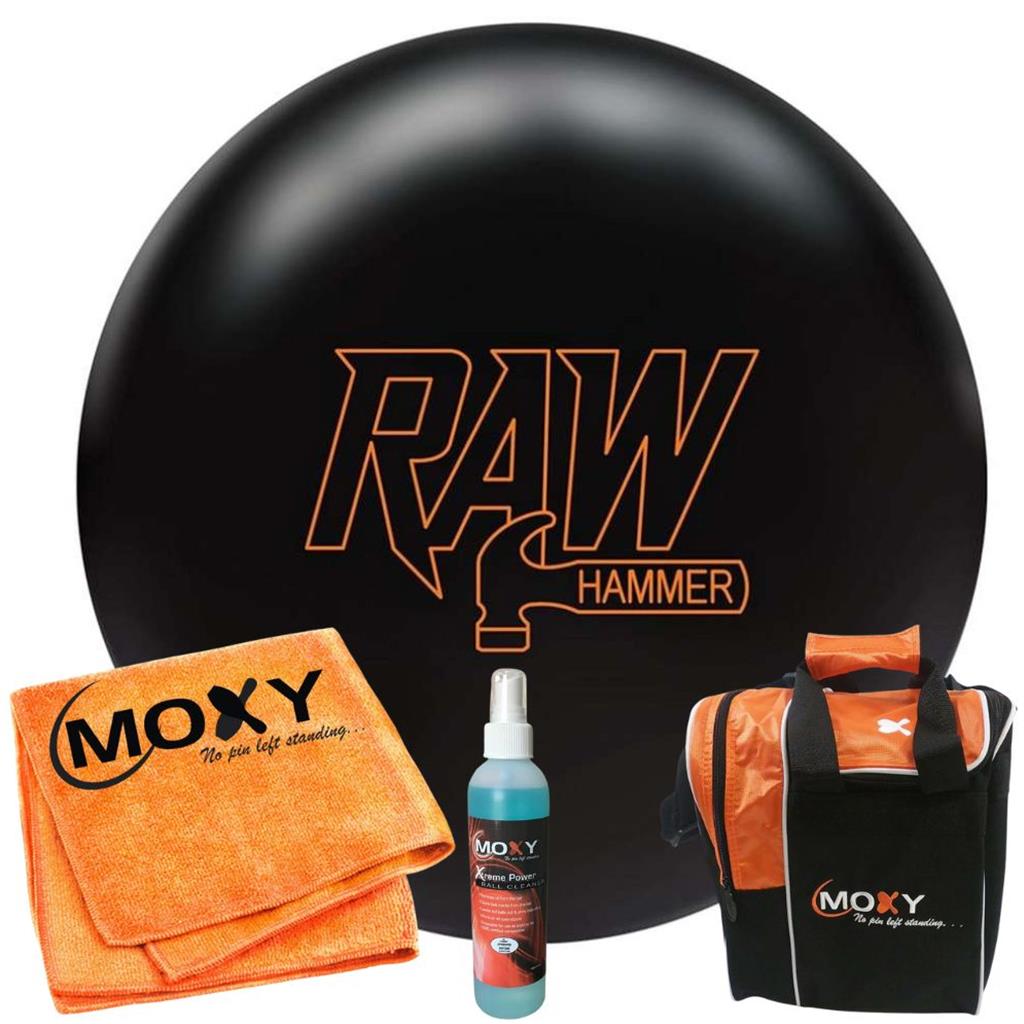 Hammer Raw Hammer Black Bowling Ball | Moxy Strike Orange/Black Bowling Bag | Moxy Orange Micro Fiber Towel | Moxy Xtreme Power Cleaner Package 