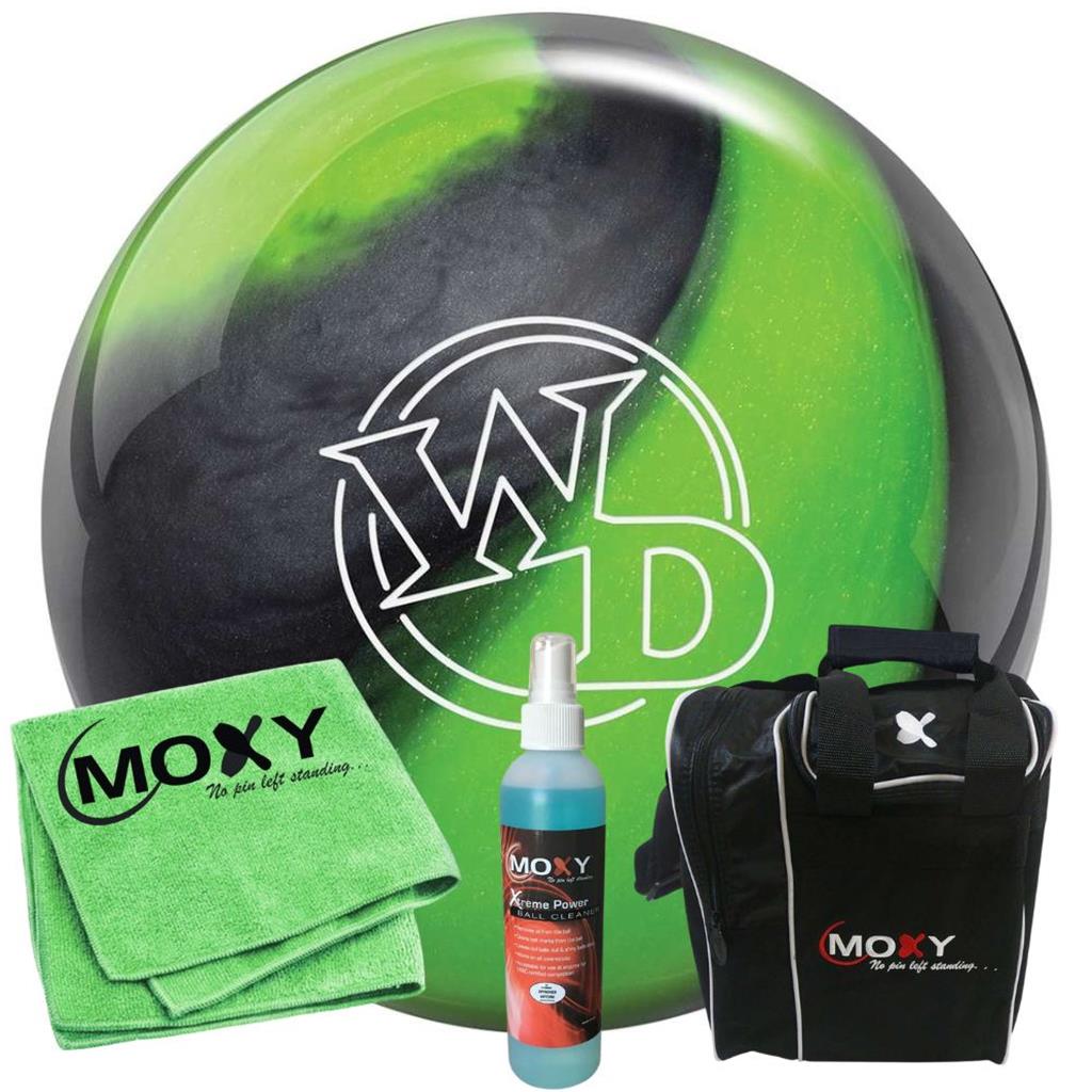 Columbia 300 White Dot Lime/Swirl Bowling Ball  | Moxy Strike Black Bowling Bag | Moxy Green Micro Fiber Towel | Moxy Xtreme Power Cleaner Package 