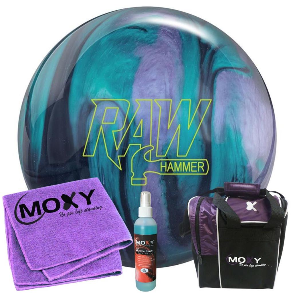 Hammer Raw Hammer Black/Purple/Teal Bowling Ball | Moxy Strike Purple Bowling Bag | Moxy Purple Micro Fiber Towel | Moxy Xtreme Power Cleaner Package 