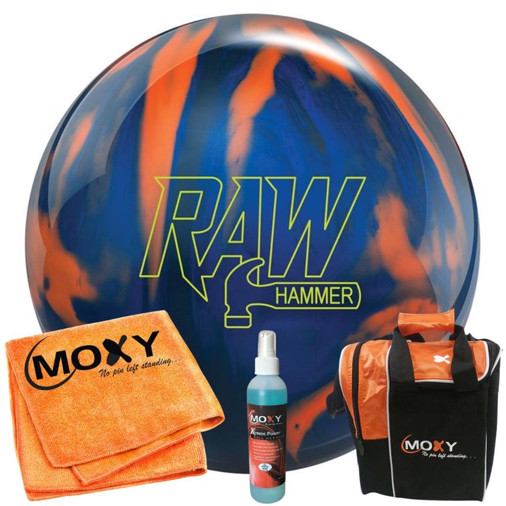 Hammer Raw Hammer Blue/Black/Orange Bowling Ball | Moxy Strike Orange Bowling Bag | Moxy Orange Micro Fiber Towel | Moxy Xtreme Power Cleaner Package 