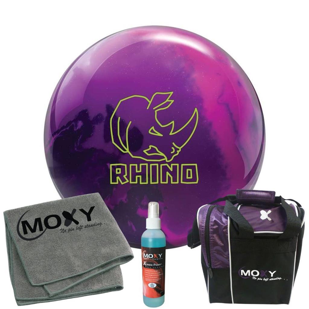 Brunswick Rhino Magenta/Purple/Navy Pearl Bowling Ball  | Moxy Strike Purple Bowling Bag | Moxy Grey Micro Fiber Towel | Moxy Xtreme Power Cleaner Package